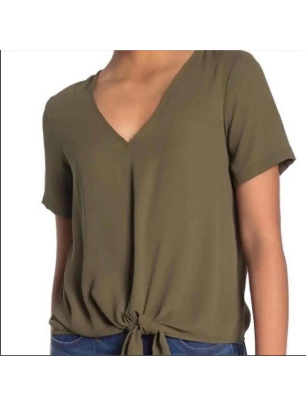 Madewell Button Back Tie Front Top XXS Olive Kale Green Short Sleeve Viscose